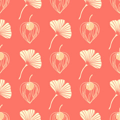 Seamless pattern of Autumn Physalis and Ginkgo Biloba leaves on isolated background. Hand drawn background for Autumn harvest holiday, Thanksgiving, Halloween, seasonal, textile, scrap booking.	 