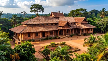 An expansive, terracotta-hued building with a traditional design stands amidst lush tropical greenery, showcasing architectural detail and serenity.
