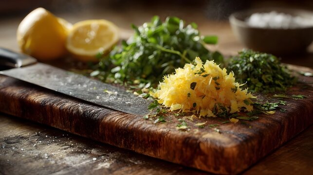A wooden cutting board with a chef s knife piles of fresh chopped herbs vibrant lemon zest and lemons in a bright kitchen setting - Powered by Adobe