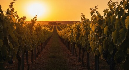 Naklejka premium Golden vineyard rows stretching towards a warm sunset