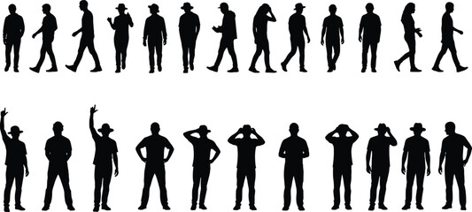 Silhouettes of men walking, standing, posing, wearing hats, casual clothes, different gestures, isolated on white background, black flat vector illustration