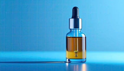 Amber serum dropper bottle on a vibrant blue background.  A clear glass bottle, filled with amber-colored liquid, sits on a bright blue surface.  