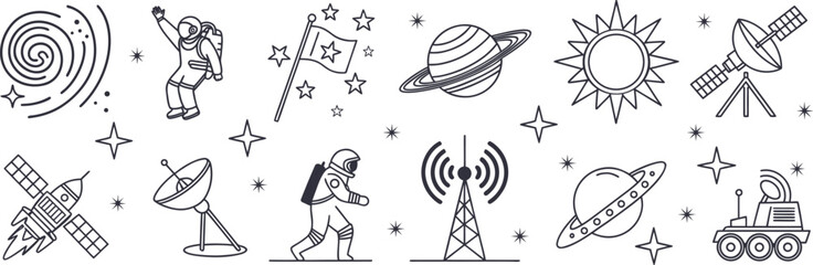 Seamless space illustration with astronauts, planets, satellites, telescopes, and cosmic symbols. Modern astronomy doodle background for science, fabric, and digital design. Vector line art