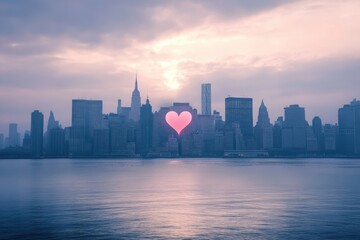 Obraz premium Sunset over city skyline with glowing heart shape in New York City