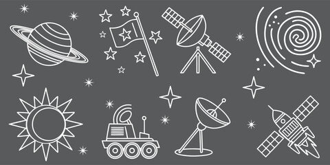 Seamless cosmic pattern with rockets, astronauts, planets, satellites, and stars in doodle style. Dark background vector illustration for space, science, and digital design.