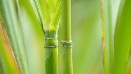 Fototapeta premium Close-up macro shot of a vibrant green sugarcane stalk with softly blurred leaves in sunlight