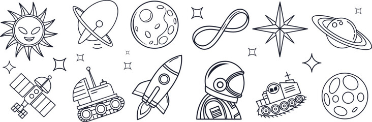 Seamless space illustration with astronauts, planets, satellites, telescopes, and cosmic symbols. Modern astronomy doodle background for science, fabric, and digital design. Vector line art