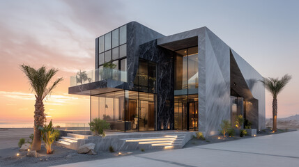A striking modern Architectural villa featuring sleek geometric design, glass Walls facades, and minimalist landscaping under a vibrant sunset sky, highlighting luxury and contemporary architecture.