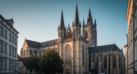Fototapeta premium Gothic cathedral facade, flanked by urban buildings, bathed in soft morning light