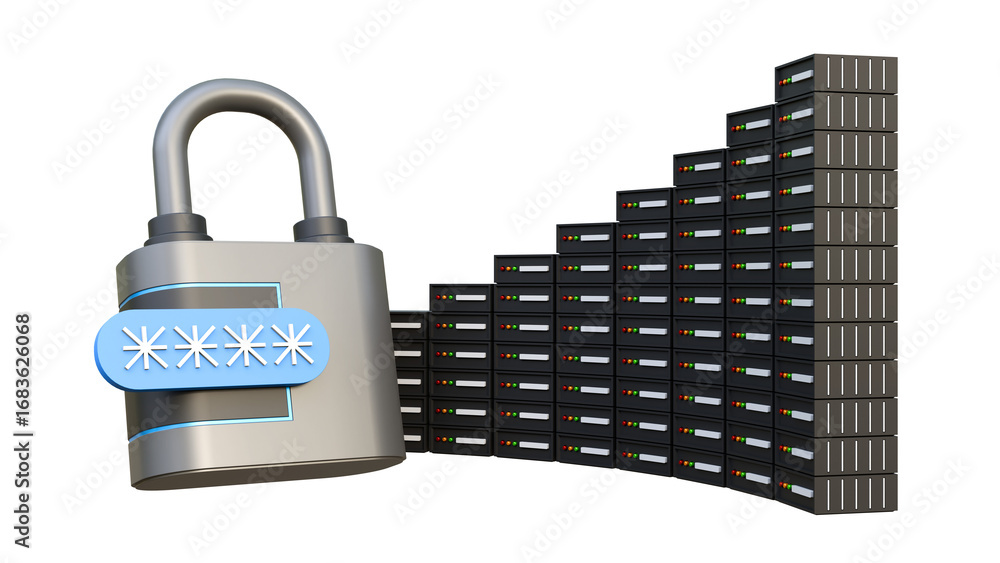 Poster padlock and with server rack isolated on a background. internet and global communications. row of ne