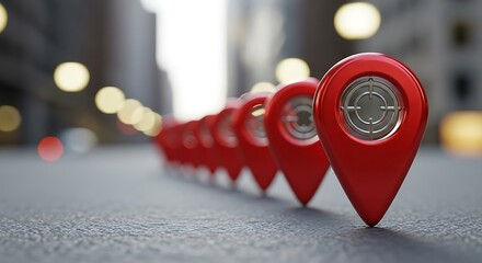 Row of red map location pointers on a city street