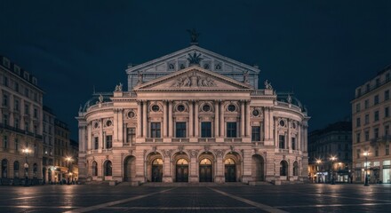 Grand opera house at night, city square