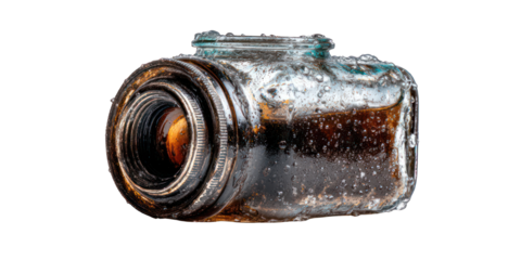 Antique camera lens in a vintage glass bottle