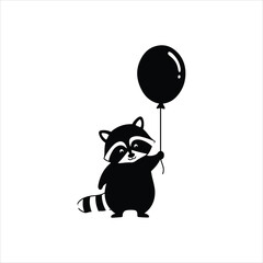 Cute black silhouette of a raccoon holding a balloon with a playful expression