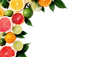 Vibrant citrus fruit slices arranged in a border on a black background.  A colorful assortment of citrus fruit, including oranges, grapefruits, and limes.  Fresh, healthy, and appetizing