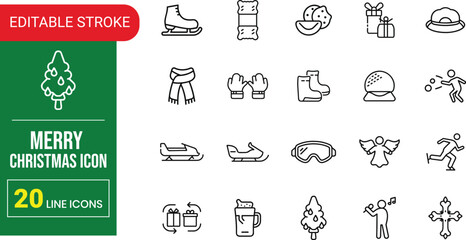 Holiday Christmas Outline Icons | Merry Tree, Snowflake, Santa Hat, Candle, Sock, Reindeer