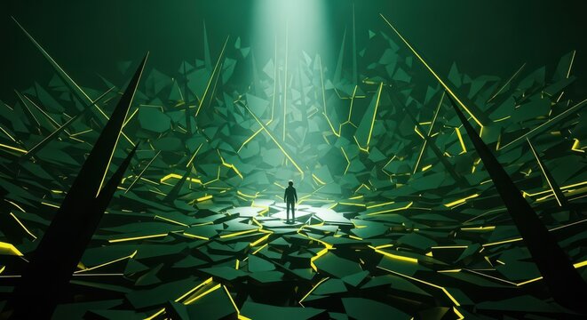 Mysterious figure stands alone beneath a powerful beam of light amidst a surreal forest of debris and overgrowth silhouette