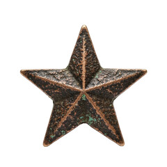 Aged, tarnished copper five-pointed star pin, rough and pitted, isolated on transparent, macro studio shot with soft high-key light, concept of historical valor and service