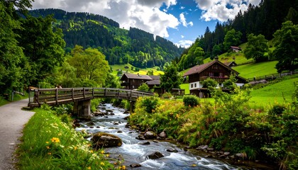 A picturesque alpine village nestled in a valley, featuring a rushing stream, wooden bridge, and verdant landscape under a vibrant blue sky.