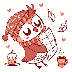 Cute SVG of a Happy Owl in Warm Cozy colors, featuring hugging a pillow in a Christmas setting