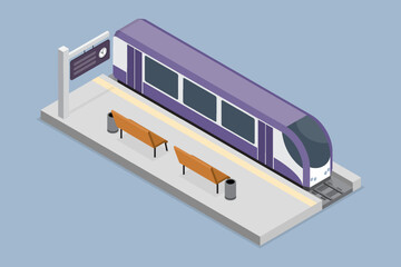 Train stopping at a station platform. Transport concept. 3d flat isometric vector illustration.