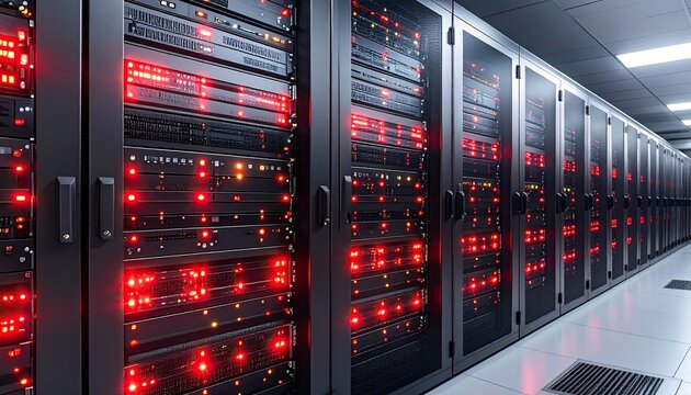 Rows of server racks illuminated by red lights