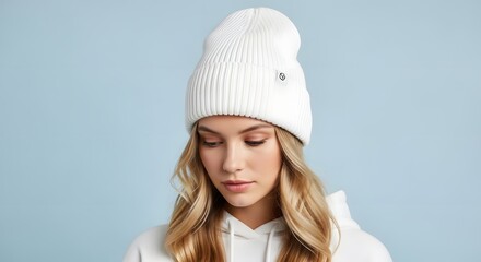 Cozy Winter White Knit Beanie Hat on Blonde Model (AI Generated)