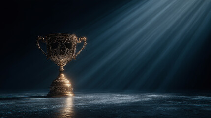 Golden trophy standing tall under vibrant spotlight, showcasing victory, excellence, and recognition. Perfect representation of success in competitions, awards ceremonies, and team accomplishments.