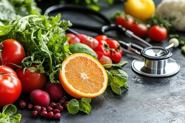 Fresh fruits and vegetables with a stethoscope on a kitchen countertop promoting healthy eating