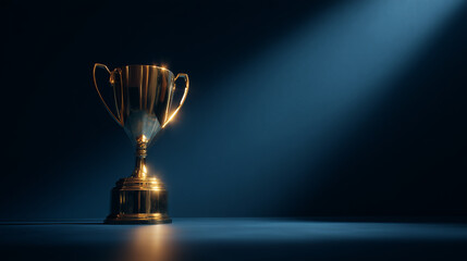 Golden trophy standing tall under vibrant spotlight, showcasing victory, excellence, and recognition. Perfect representation of success in competitions, awards ceremonies, and team accomplishments.