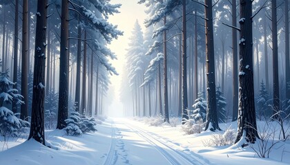 Winter forest path, snow-covered trees