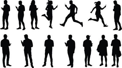 Black silhouette people using smartphones in various poses, standing and walking, modern lifestyle concept, mobile device addiction vector illustration