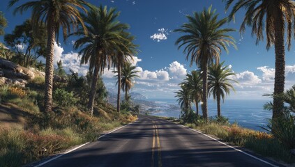 Scenic coastal road lined with palm trees under a sunny sky