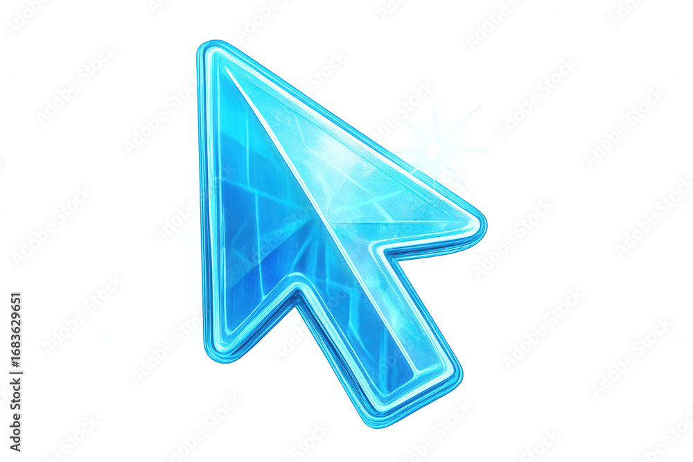 Poster translucent blue crystal cursor glowing with bright highlights, targeting digital interfaces and web