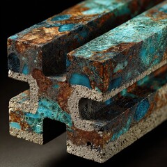Close-up of a structural composite material.  Intricate,  colorful,  mineral-like patterns in teal and rust hues.  C-shaped grooves.  Abstract,  industrial