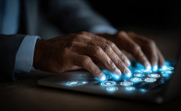 Close-up of senior hands typing on a glowing laptop keyboard