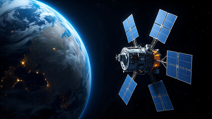A modern satellite with solar panels deployed orbits the blue planet earth in outer space