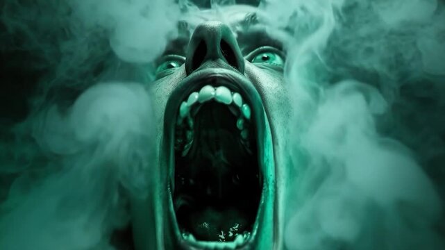 A person screams in shock as smoke billows from their mouth