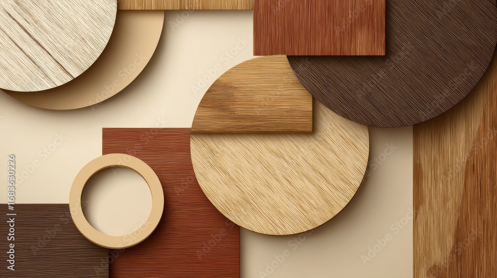 Aufkleber this display features a creative composition of circular and rectangular wood pieces in warm tones, 