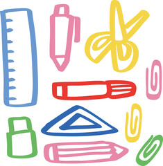 A colorful illustration set featuring various stationery items such as pencil, eraser, ruler, and pen in a simple and playful style. Perfect for educational design, school projects, office supplies,et