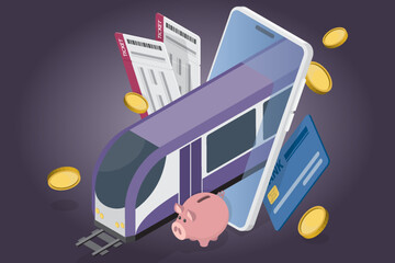 Digital application for smartphone. Online public transport tickets, credit card, smartphone with train and piggy safe. 3d flat isometric vector illustration.