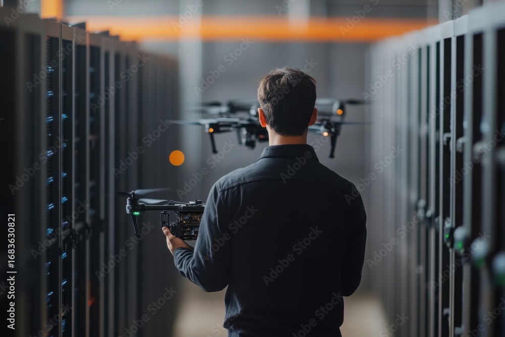 Poster man controls drone in a high-tech storage facility during a training session