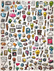 A vibrant collection of hand-drawn doodles showcasing light bulbs, books, clouds, and various creative elements spread across a wooden surface.
