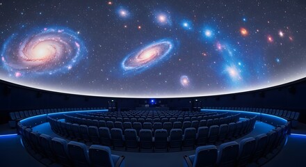 Immersive Cosmic Journey A breathtaking planetarium experience awaits, showcasing galaxies swirling across a vast, starlit dome above rows of seats. Prepare for wonder.