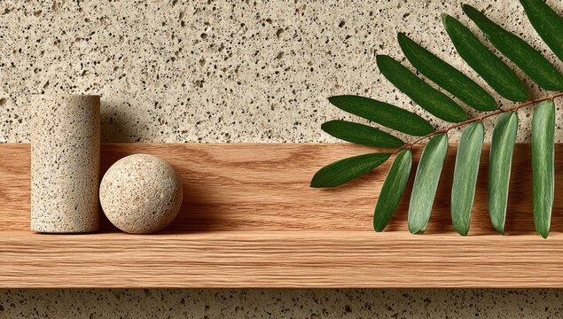 Beige & wood shelf with simple forms and foliage
