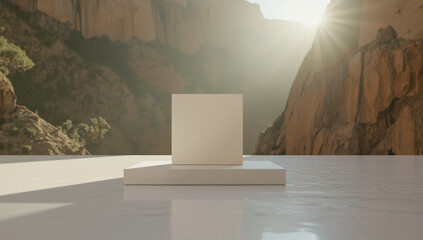 Minimalist cube on a pedestal in a sunlit mountain landscape with a reflective surface, creating a serene and abstract scene.