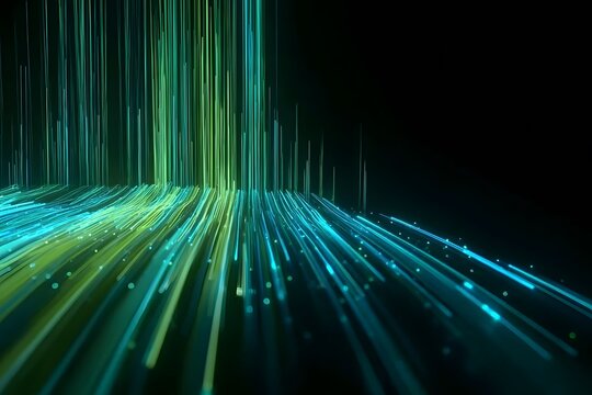 A 3D rendering of an abstract background with light green and blue neon lines, creating a dynamic motion effect on a dark backdrop. The composition is a vertical view looking up at the horizon line, 