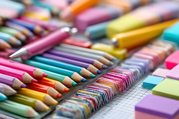 Assortment of colored pencils, pens, and erasers.