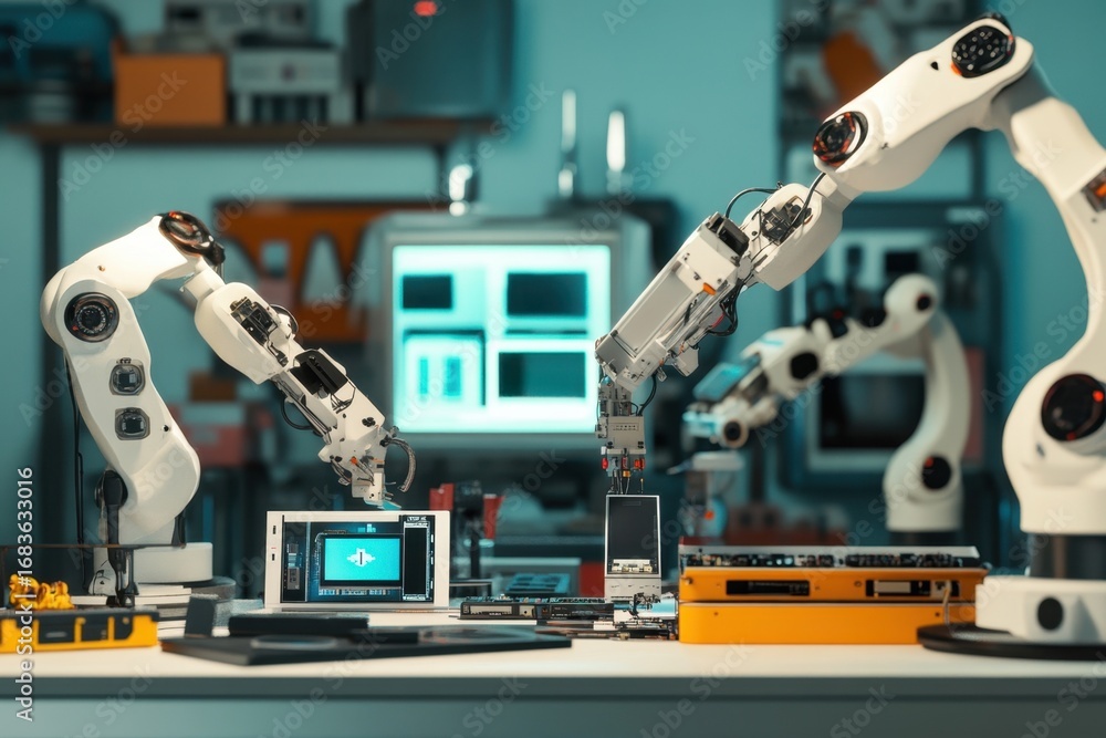 Poster advanced robotic arms perform tasks in a high-tech laboratory environment