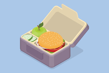 Lunch box. Container with sandwich, apple and vegetables. Homemade nutrition. Healthy food concept. 3d flat isometric vector illustration.